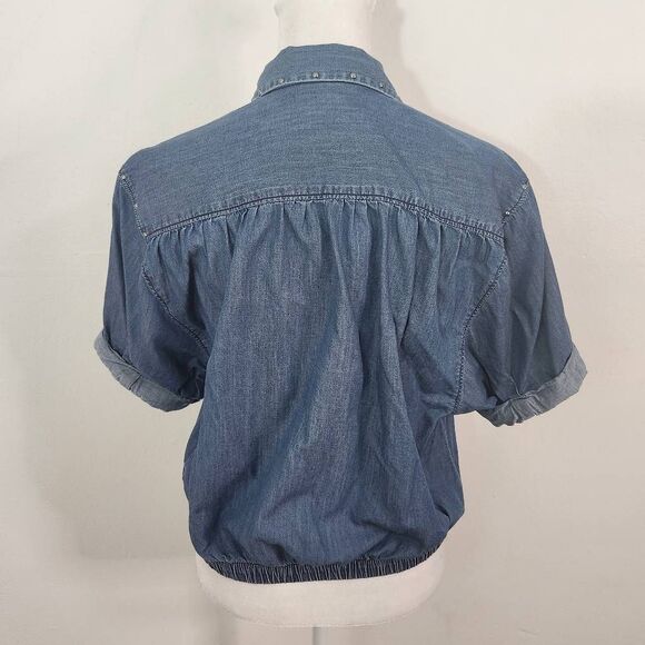 Express Denim Snap-Up Crop Top Tie Front Size XS Western Jean Shirt - Picture 5 of 7